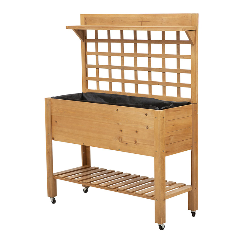 41'x18'x53' upphöjd trädgårdssäng med hylla och hjul Massivträ planteringskåp Blomma örtlådor för grönsaker Blomma utomhus/inomhus - brun