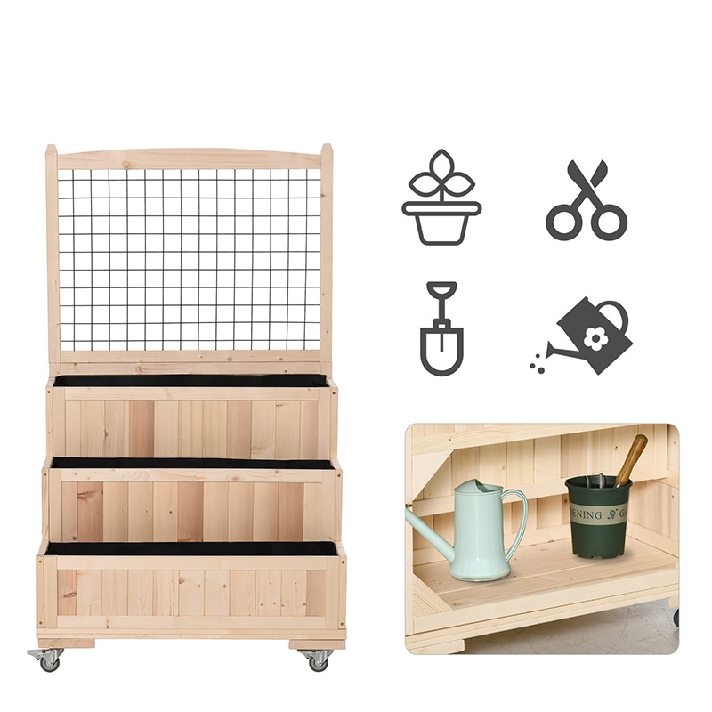 3-vånings träupphöjd trädgårdssäng med hjul, spaljé, förvaringsområde bak, lätt att flytta för blommor, örter, naturligt