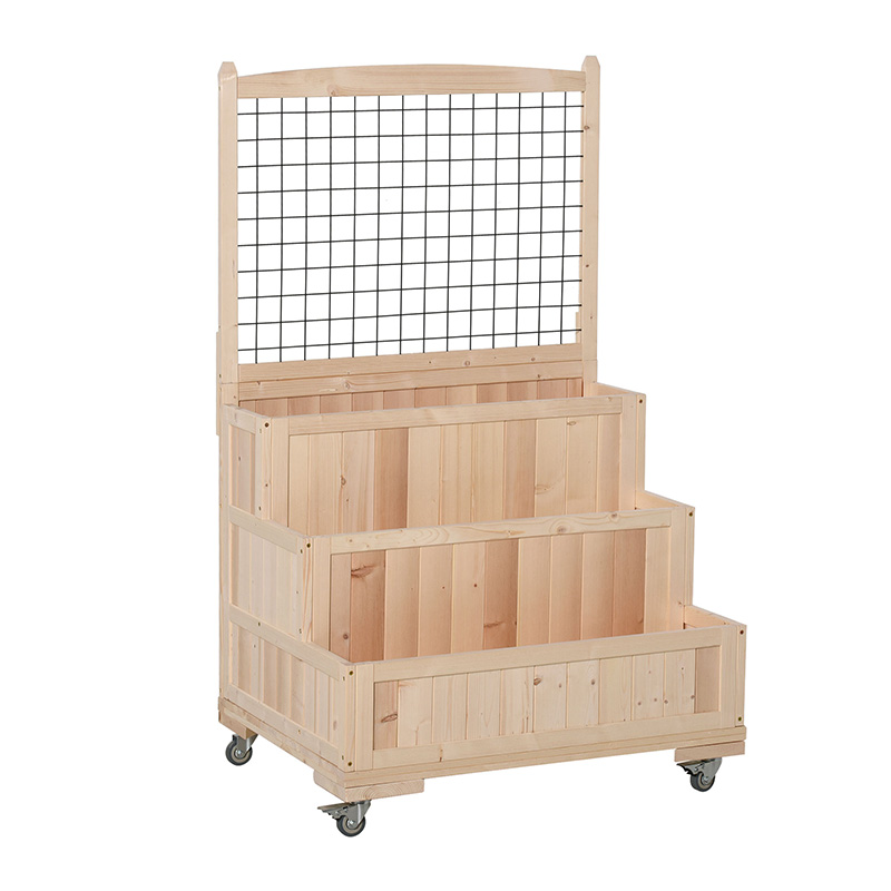 3-vånings träupphöjd trädgårdssäng med hjul, spaljé, förvaringsområde bak, lätt att flytta för blommor, örter, naturligt