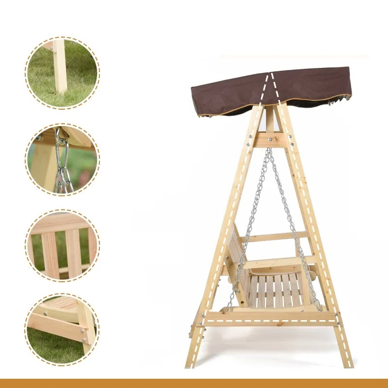 2-personers gunga för utomhusgung på veranda med trästativ, stark design med A-ram och justerbar skärmtak för vattenbekämpning