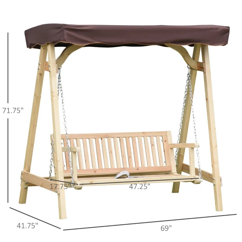 2-personers gunga för utomhusgung på veranda med trästativ, stark design med A-ram och justerbar skärmtak för vattenbekämpning