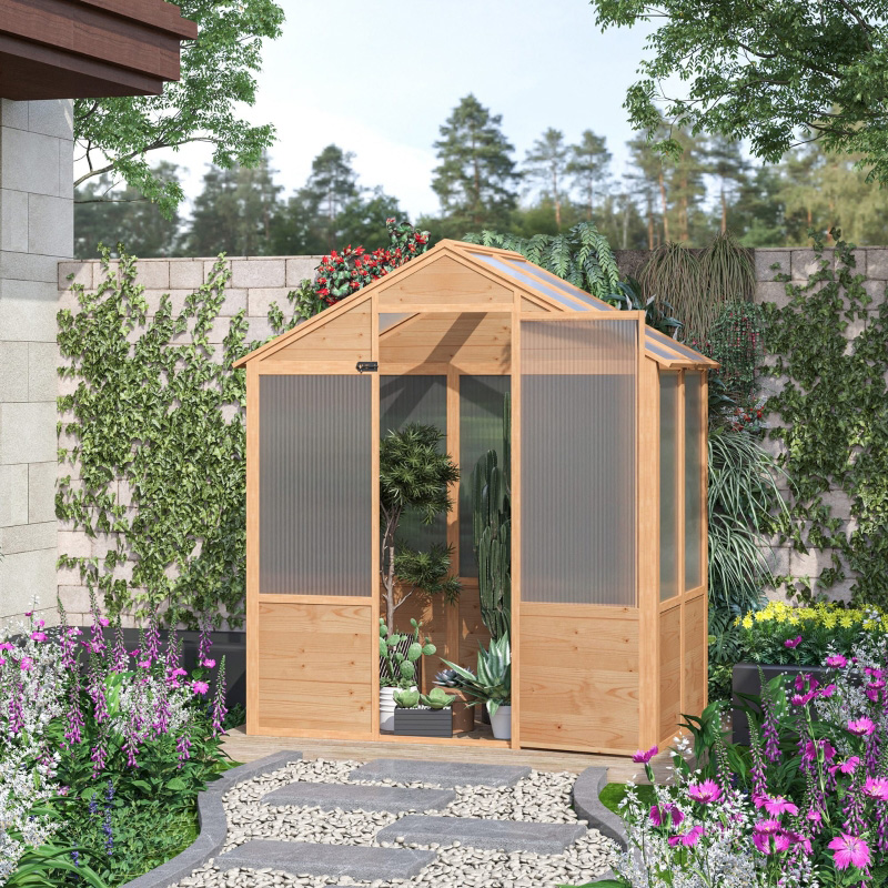 6' x 4' x 7' Träväxthus, Walk-in Green House, utomhusväxthus i polykarbonat med dörr, naturligt