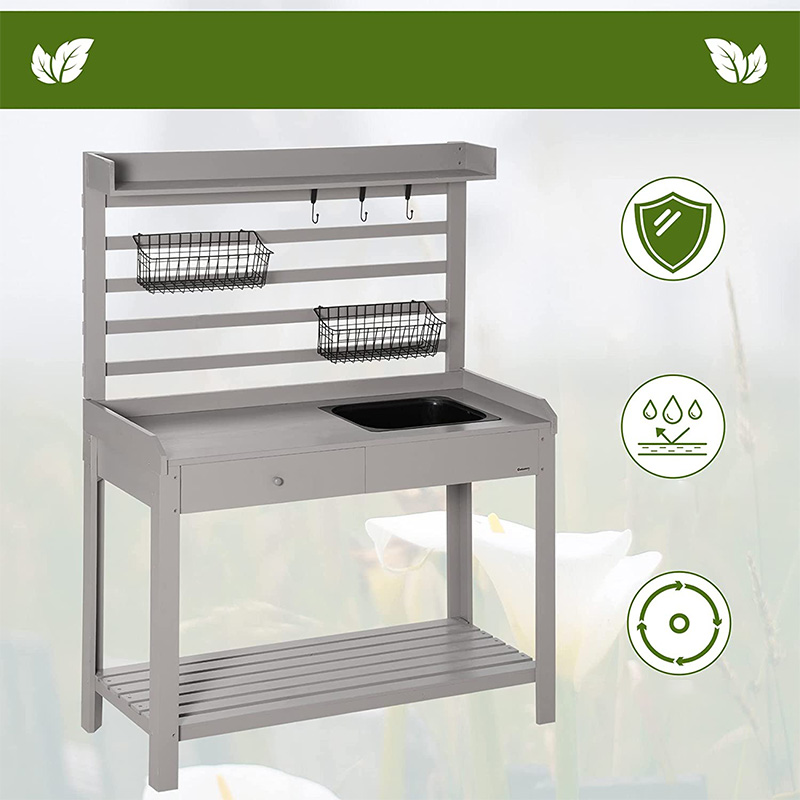 Krukbänksbord, trädgårdsarbetsplats med silskärm, avtagbar diskbänk och korgar