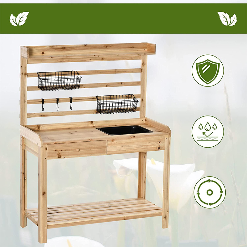 Krukbänksbord, trädgårdsarbetsplats med silskärm, avtagbar diskbänk och korgar