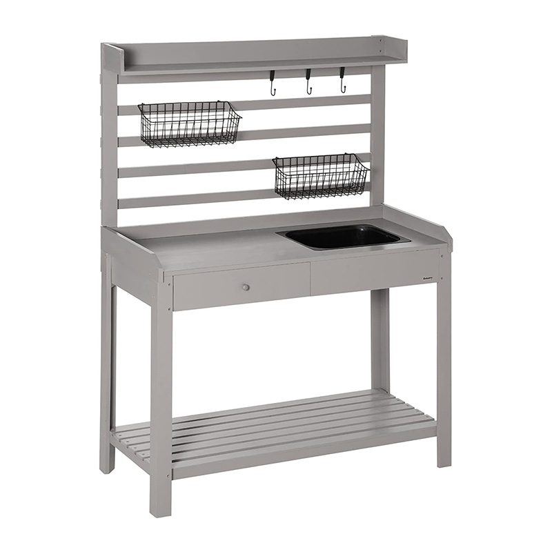 Krukbänksbord, trädgårdsarbetsplats med silskärm, avtagbar diskbänk och korgar