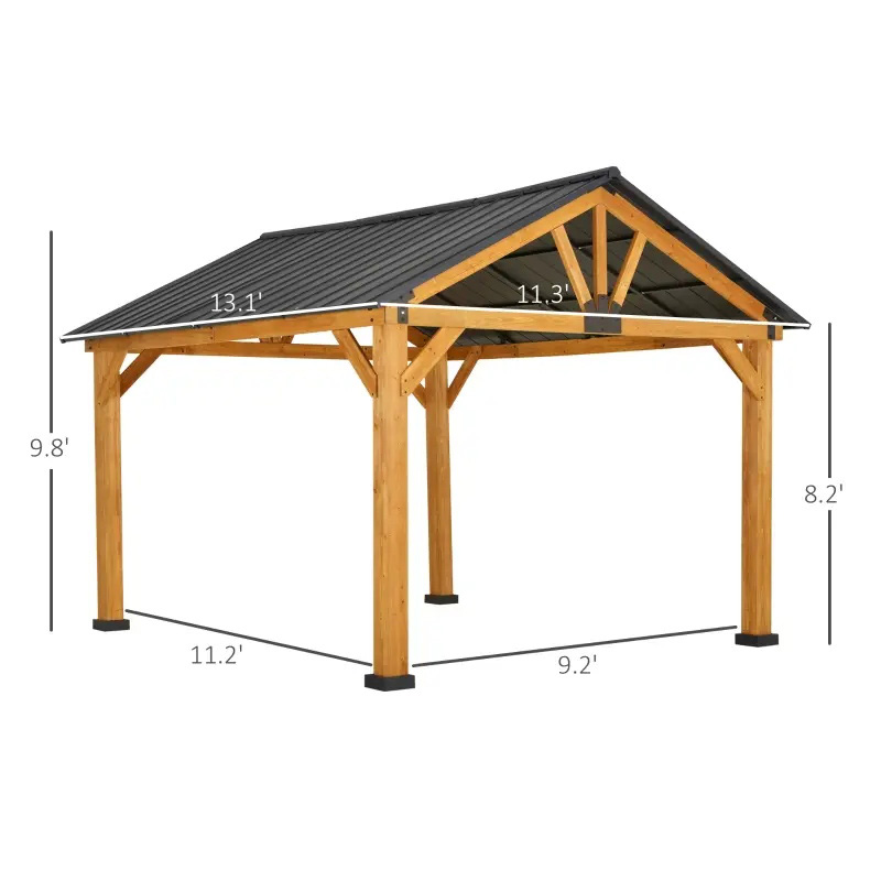 11x13 Hardtop Gazebo med träram, Permanent Metal Tak Gazebo Canopy med takkrok för trädgård, uteplats, bakgård