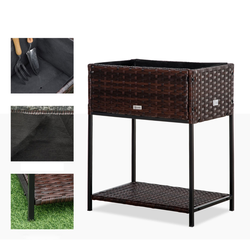 Blomsterlåda i rotting inomhus/utomhus med förvaringsställ för verktyg nedanför och robust förhöjd arbetsyta 28' H