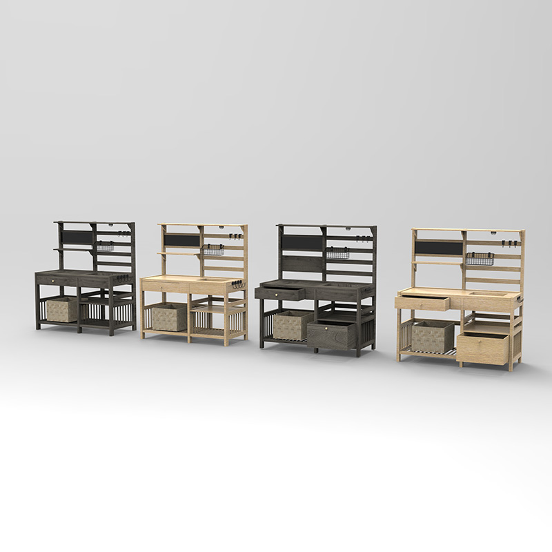 Krukbänksbord, trädgårdsarbetsplats med silskärm, avtagbar diskbänk och korgar