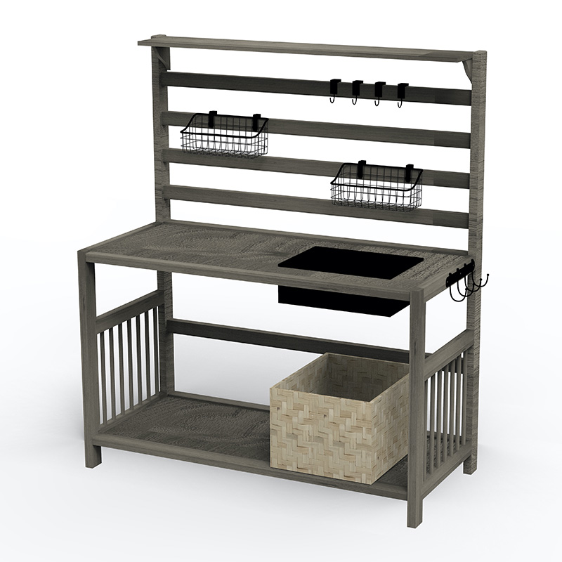 Krukbänksbord, trädgårdsarbetsplats med silskärm, avtagbar diskbänk och korgar