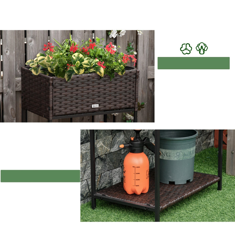 Blomsterlåda i rotting inomhus/utomhus med förvaringsställ för verktyg nedanför och robust förhöjd arbetsyta 28' H