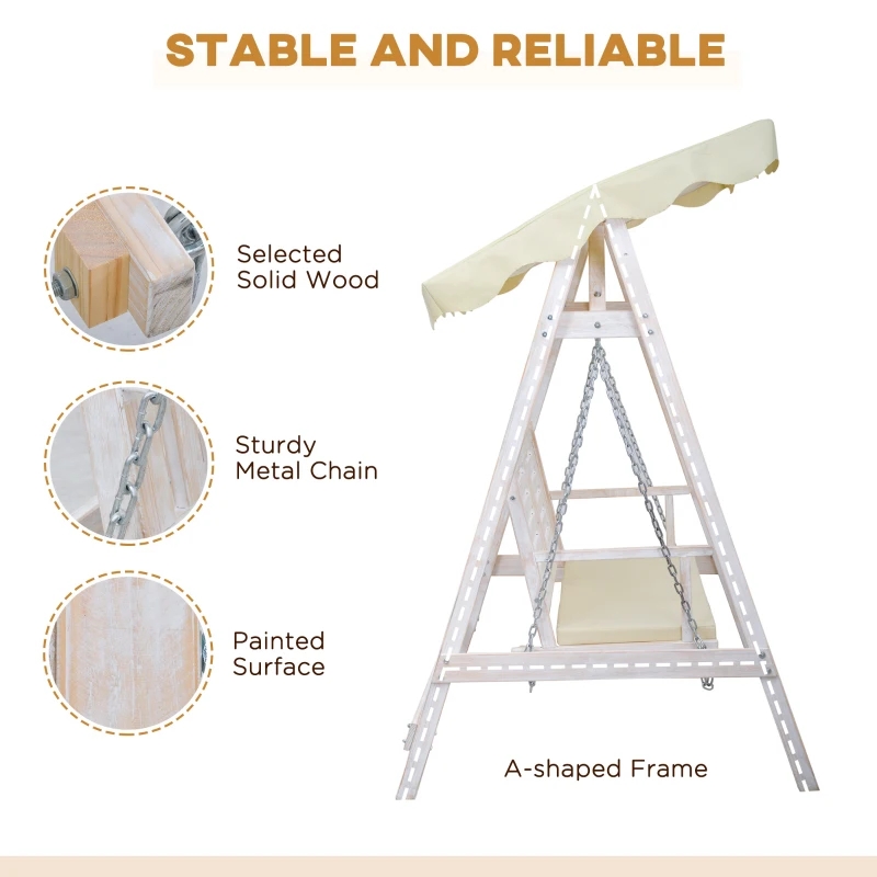 2-personers gunga för utomhusgung på veranda med trästativ, stark design med A-ram och justerbar skärmtak för vattenbekämpning