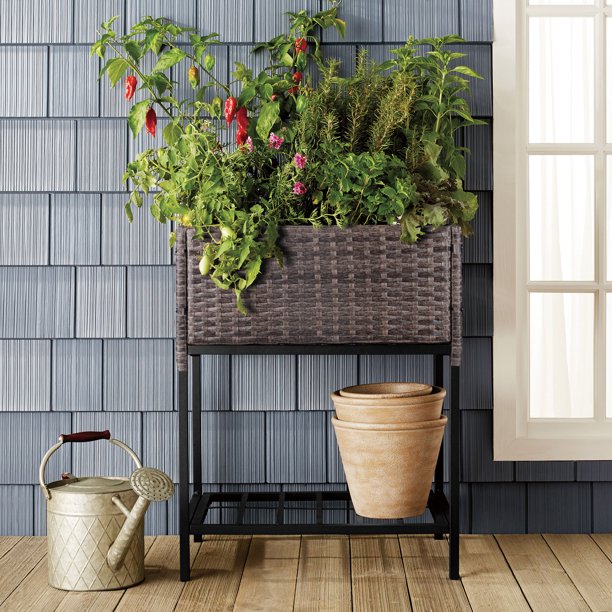 Blomsterlåda i rotting inomhus/utomhus med förvaringsställ för verktyg nedanför och robust förhöjd arbetsyta 28' H