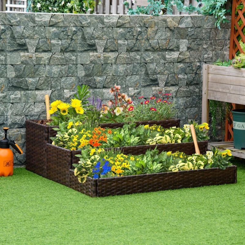 Blomsterlåda i rotting inomhus/utomhus med förvaringsställ för verktyg nedanför och robust förhöjd arbetsyta 28' H